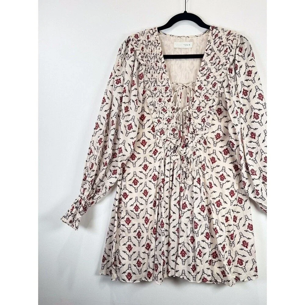 ZARA Mini Dress Beige Floral Puff Sleeve V Neck Lace Up Ruffle A Line Boho XS
